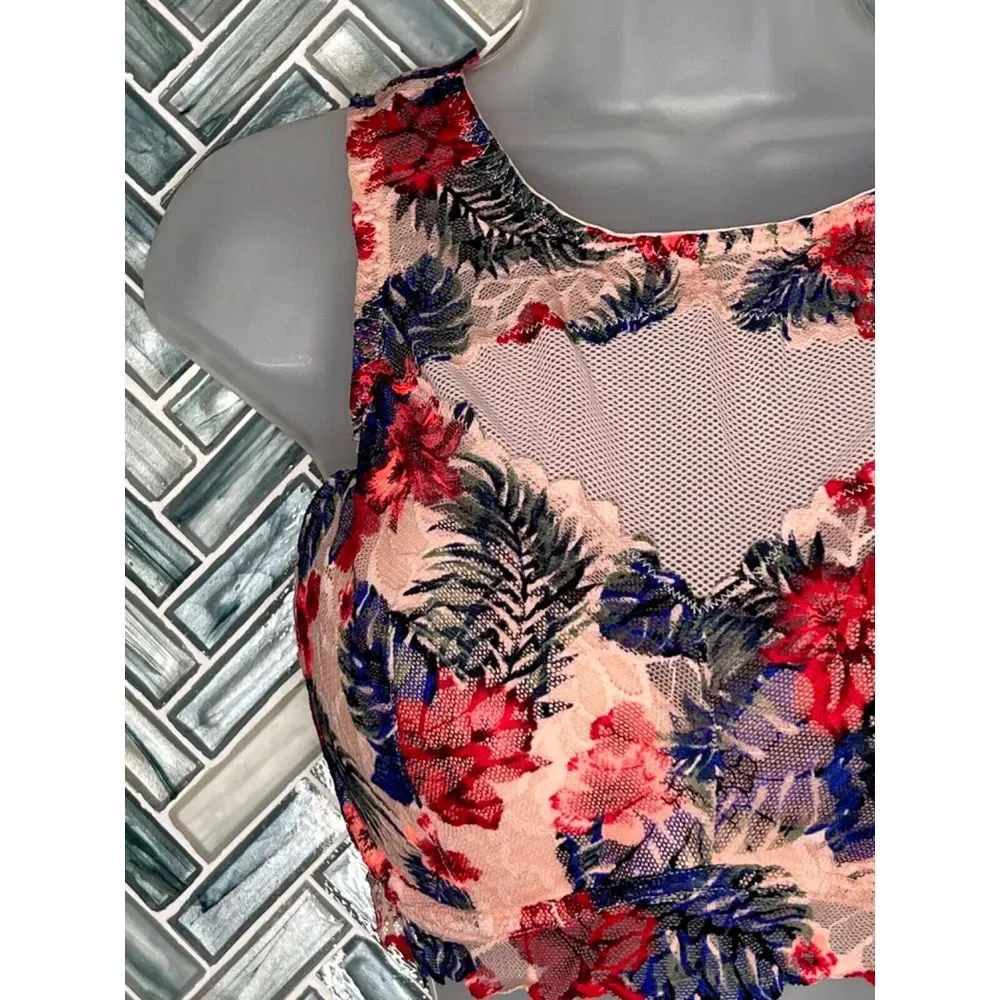 VICTORIA'S SECRET‎ PINK TROPICAL FLORAL LACE HIGH NECK PADDED BRALETTE LARGE